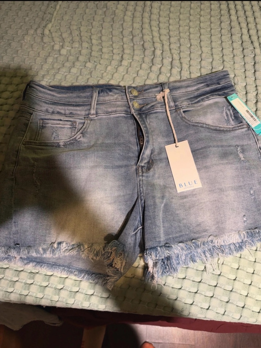 Blue Washed Denim Frayed Hem Women's Shorts